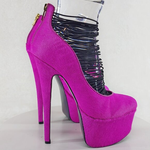 Hot Pink Furry Pony Hair Platform Stiletto Heels Shootie Bootie London Trash - Picture 1 of 9